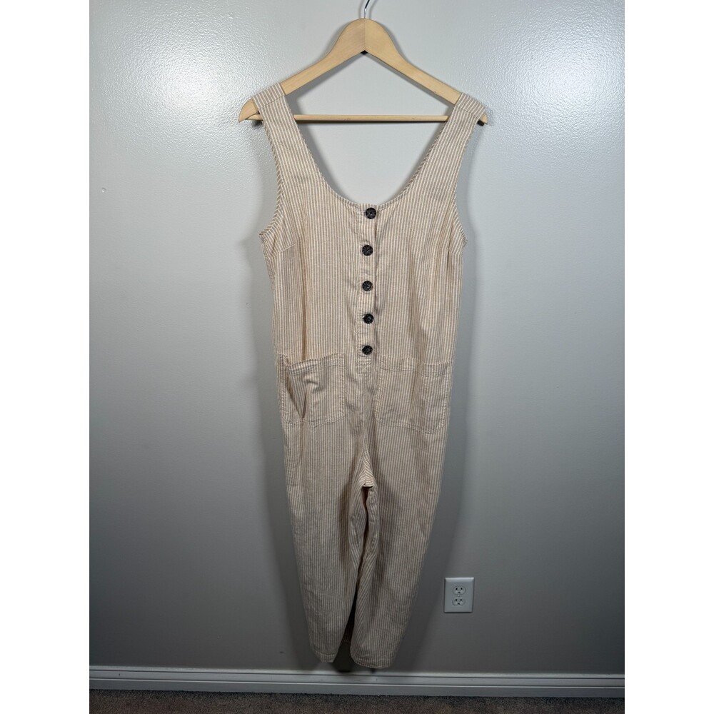Marine Layer Striped Jumpsuit Size Medium Tan White Hemp Blend Coastal Wide Leg